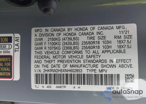 2022 Honda Cr-V Awd Ex из США, поврежденный, VIN 2HKRW2H5XNH602853